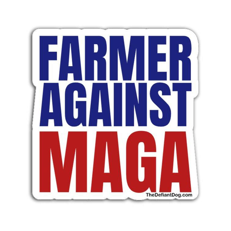 Farmer Against MAGA sticker design in bold red and blue stacked block lettering on a white background with subtle drop shadow.
