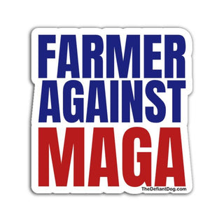 Farmer Against MAGA sticker design in bold red and blue stacked block lettering on a white background with subtle drop shadow.