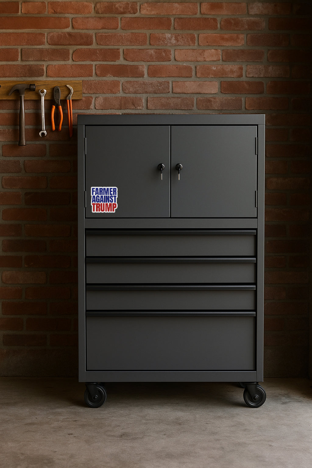 Farmer Against Trump' magnet or vinyl decal displayed on a black tool cabinet. A bold, high-quality political sticker perfect for cars, laptops, fridges, or toolboxes. Great for activists, protestors, or anyone fed up with fascism.