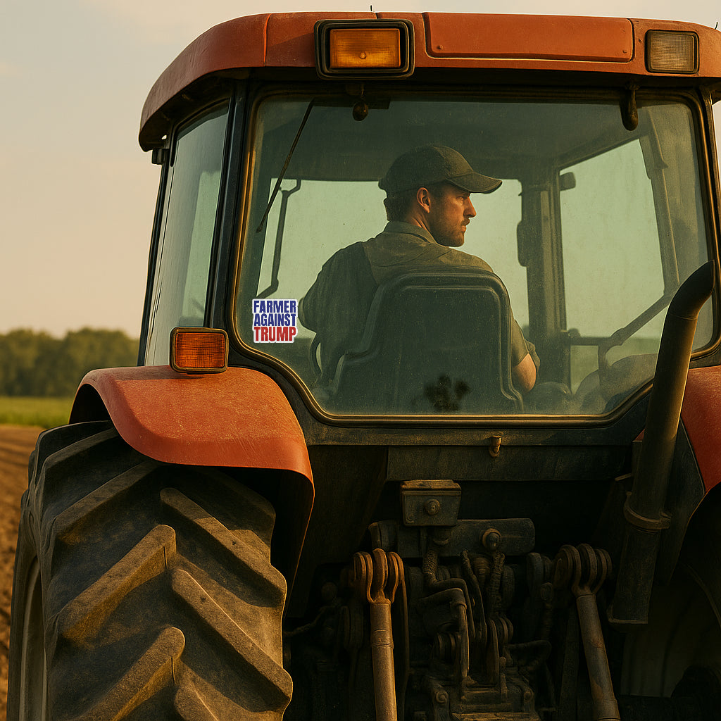 'Farmer Against Trump' magnet or vinyl decal displayed on the back of a tractor. A bold, high-quality political sticker perfect for cars, laptops, fridges, or toolboxes. Great for activists, protestors, or anyone fed up with fascism.