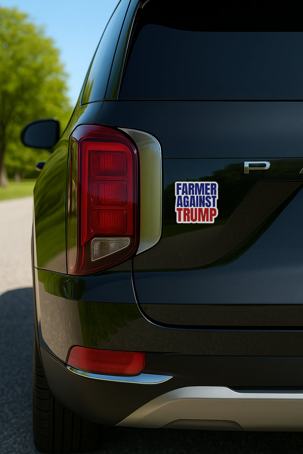 'Farmer Against Trump' magnet or vinyl decal displayed on the back of a black SUV. A bold, high-quality political sticker perfect for cars, laptops, fridges, or toolboxes. Great for activists, protestors, or anyone fed up with fascism.