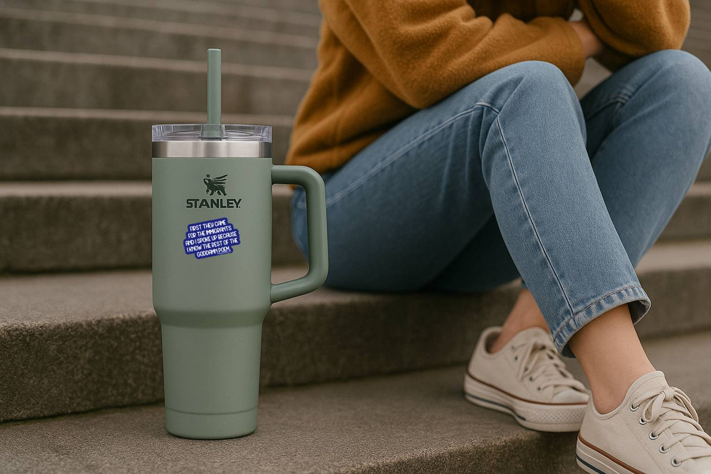 Green Stanley tumbler featuring First They Came For The Immigrants political vinyl sticker