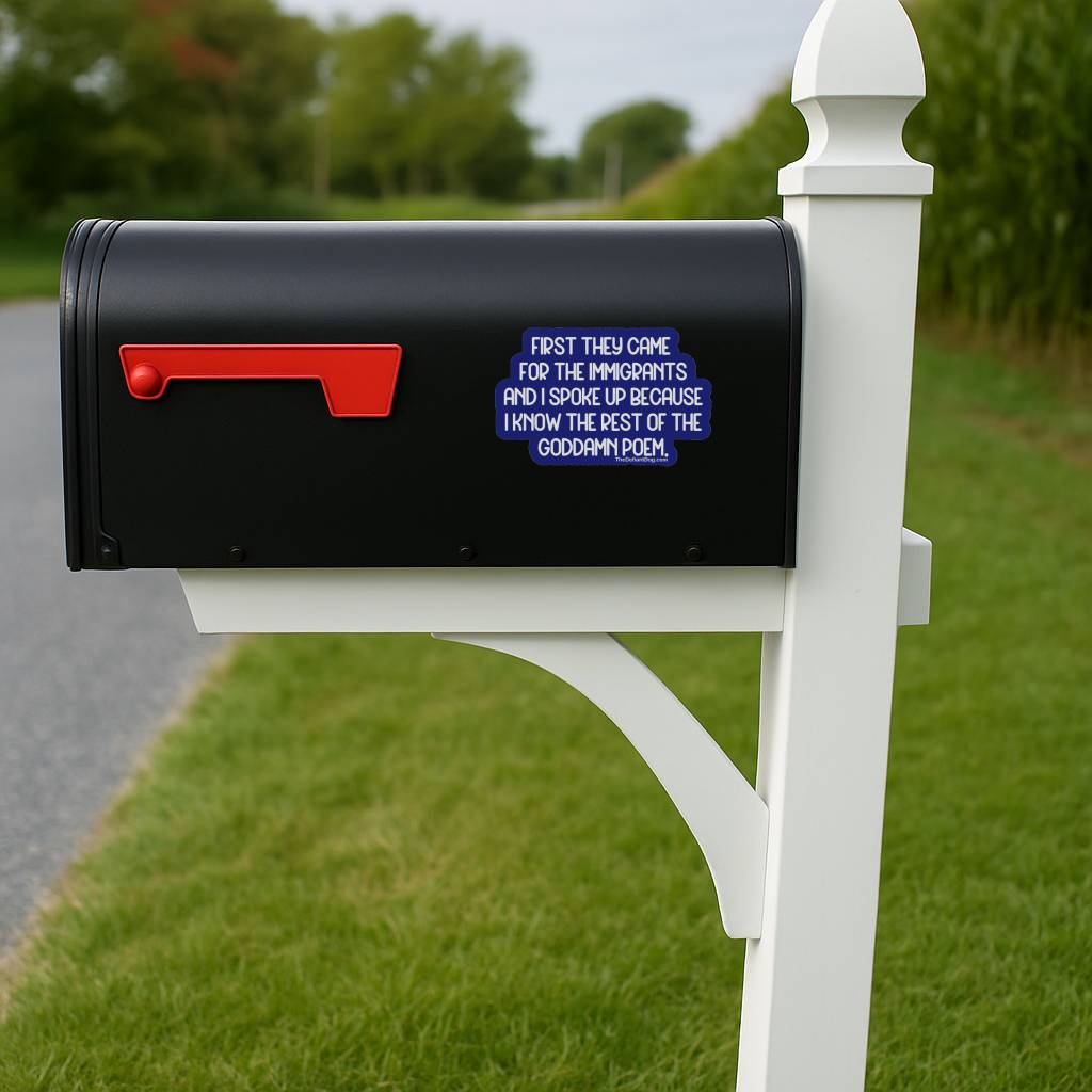 Black rural mailbox displaying First They Came For The Immigrants protest vinyl decal