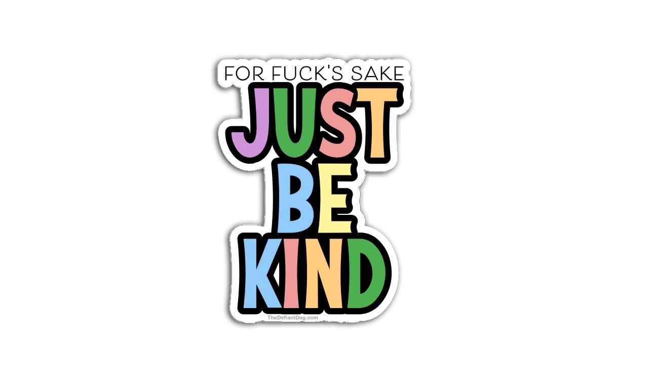 Rainbow text vinyl sticker reading ‘For fuck’s sake just be kind’ on a white background.