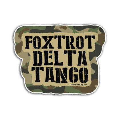 Foxtrot Delta Tango camouflage sticker with bold military style lettering on a white background
