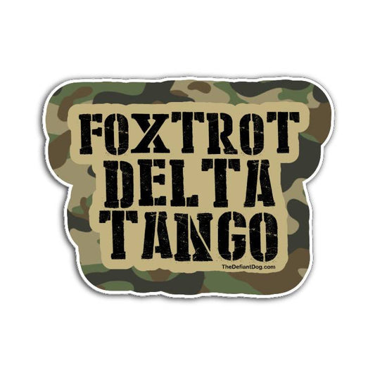 Foxtrot Delta Tango camouflage sticker with bold military style lettering on a white background