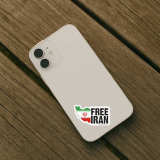 Free Iran vinyl decal applied to beige iPhone case, small political protest sticker for phone