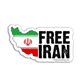 Free Iran sticker featuring Iran map filled with Iranian flag colors and distressed bold typography, white border vinyl cut