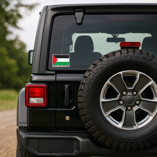 A small rectangular sticker featuring the Palestinian flag is applied to the rear window of a black SUV, with the vehicle's spare tire and taillights visible against an outdoor blurred background.