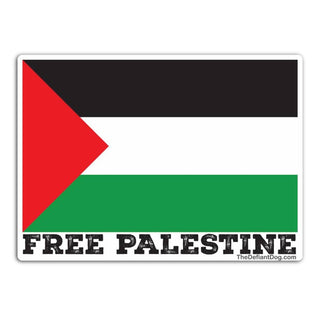 A rectangular sticker featuring the Palestinian flag with the text 'FREE PALESTINE' in black distressed lettering at the bottom, shown on a plain white background.