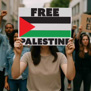 A person at a protest holds a sign with the words “FREE PALESTINE” and the Palestinian flag design, with blurred people in the background.