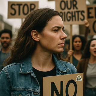 Woman holding a protest sign with blurred background of other protesters
