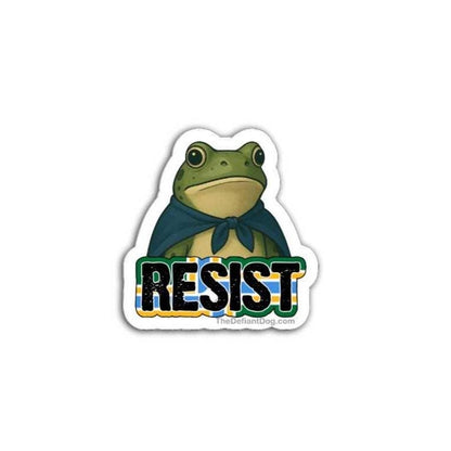 Sticker with a frog wearing a scarf and 'RESIST' text on a white background