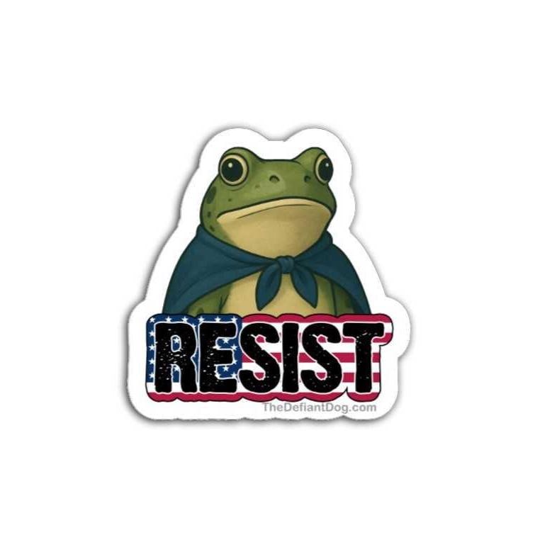 Sticker with a frog wearing a scarf and 'RESIST' text on a white background