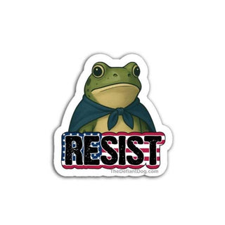Sticker with a frog wearing a scarf and 'RESIST' text on a white background