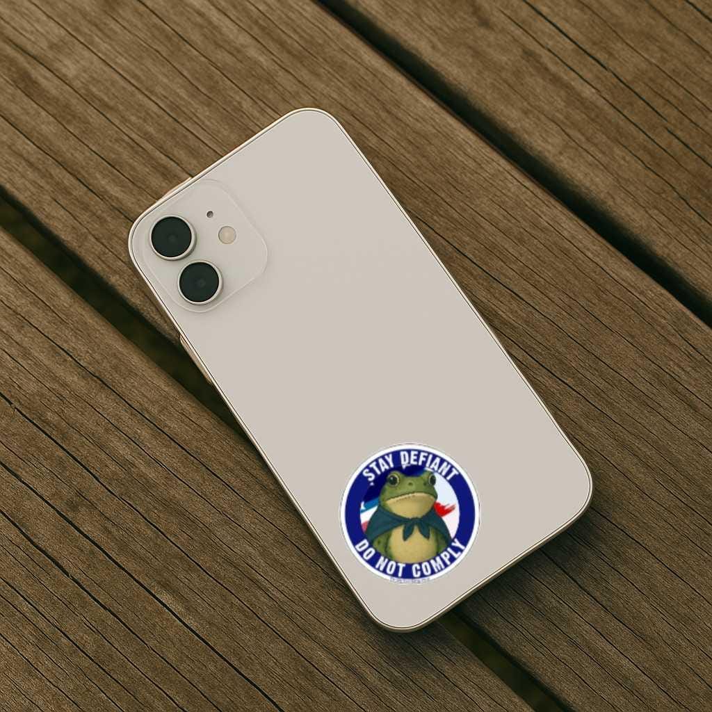 Phone case with a frog graphic and text on a wooden surface