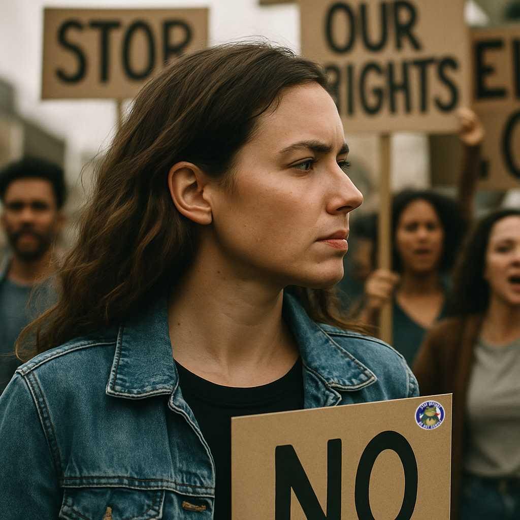 Woman holding a protest sign with blurred background of other protesters