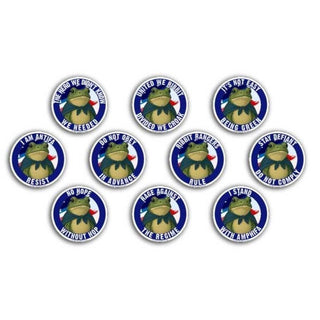 Set of circular stickers with a frog graphic and text on a white background