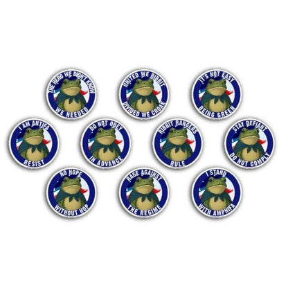 Set of circular stickers with a frog graphic and text on a white background