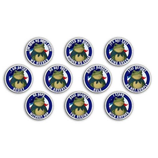Set of circular stickers with a frog graphic and text on a white background