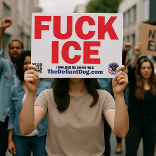 Person holding a protest sign with 'FUCK ICE' and a URL at a rally.