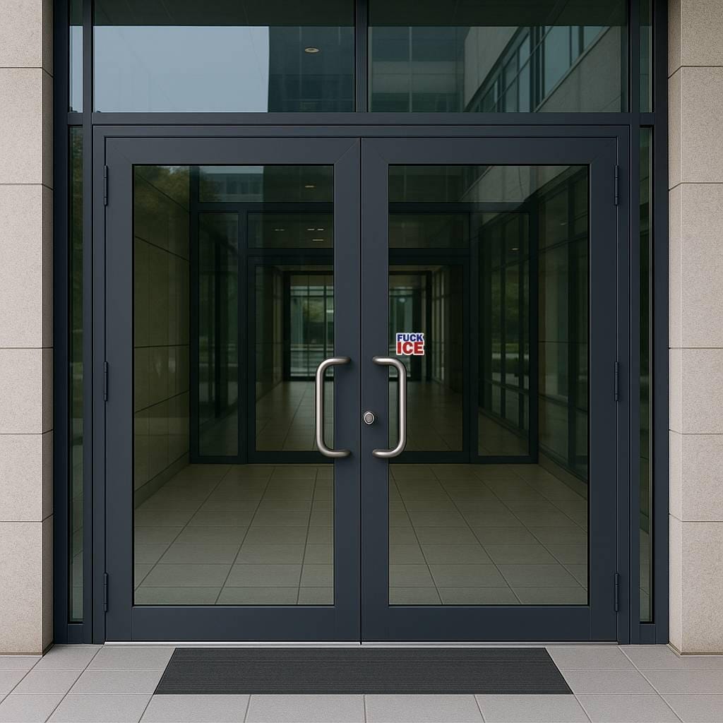 Sticker with 'FUCK ICE' text in blue and red on the door of a building