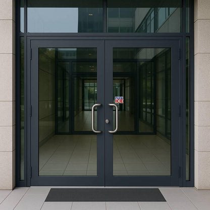 Sticker with 'FUCK ICE' text in blue and red on the door of a building