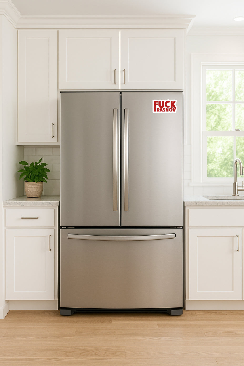 'Fuck Krasnov' magnet or vinyl decal displayed on a stainless steel refrigerator. A bold, high-quality political sticker perfect for cars, laptops, fridges, or toolboxes. Great for activists, protestors, or anyone fed up with fascism.