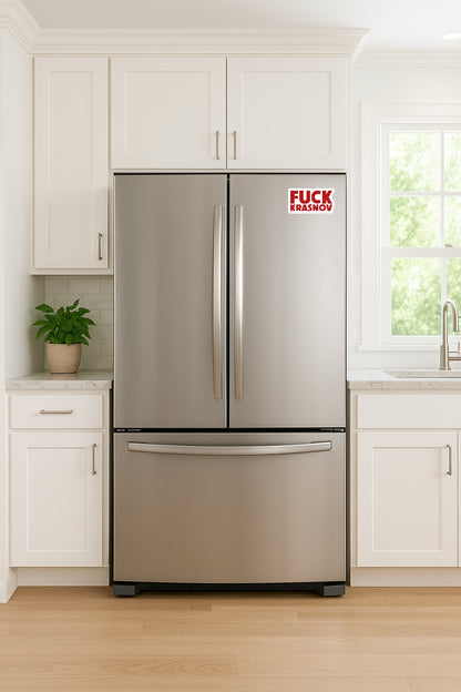'Fuck Krasnov' magnet or vinyl decal displayed on a stainless steel refrigerator. A bold, high-quality political sticker perfect for cars, laptops, fridges, or toolboxes. Great for activists, protestors, or anyone fed up with fascism.