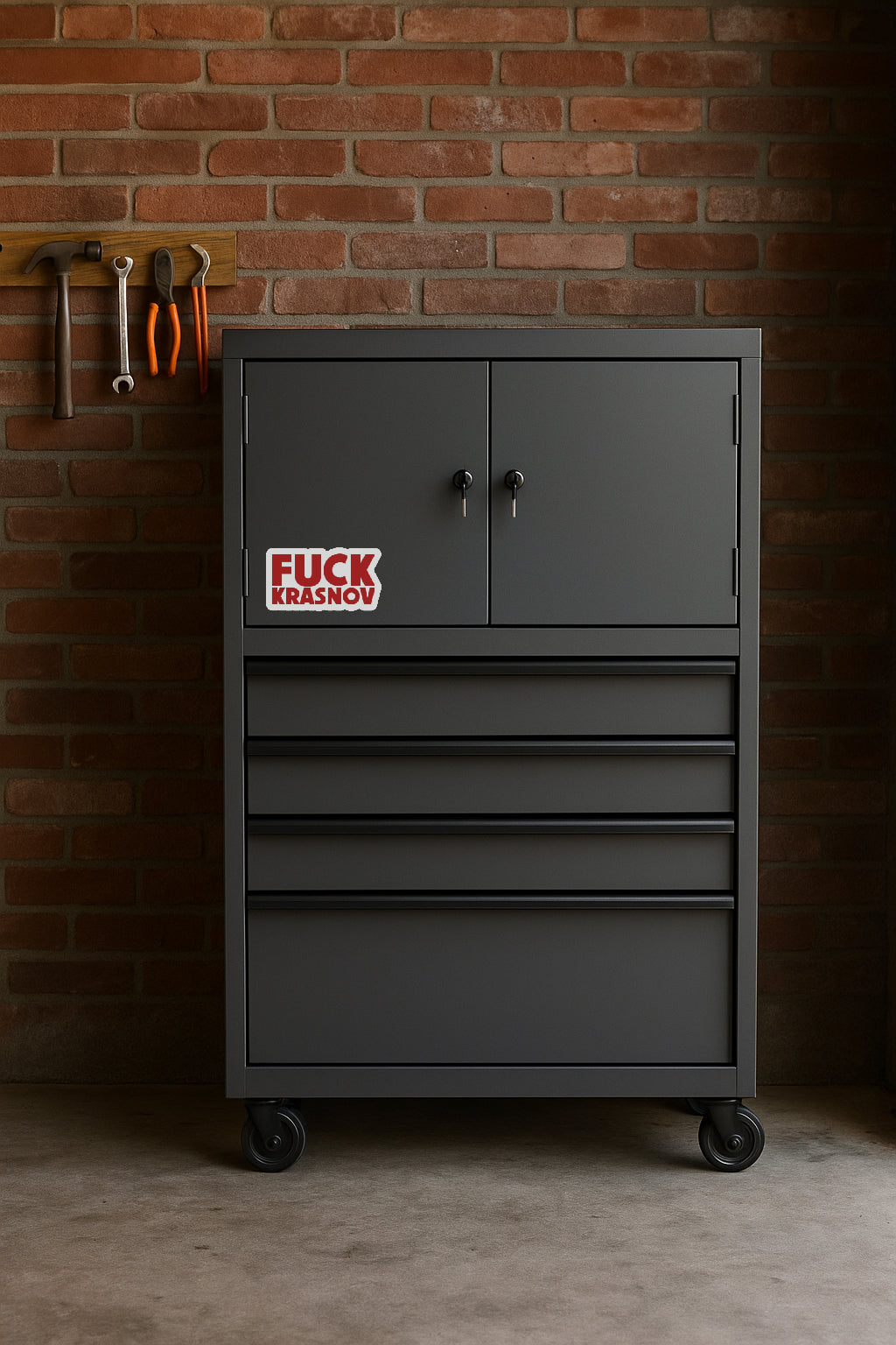Fuck Krasnov' magnet or vinyl decal displayed on a black tool cabinet. A bold, high-quality political sticker perfect for cars, laptops, fridges, or toolboxes. Great for activists, protestors, or anyone fed up with fascism.