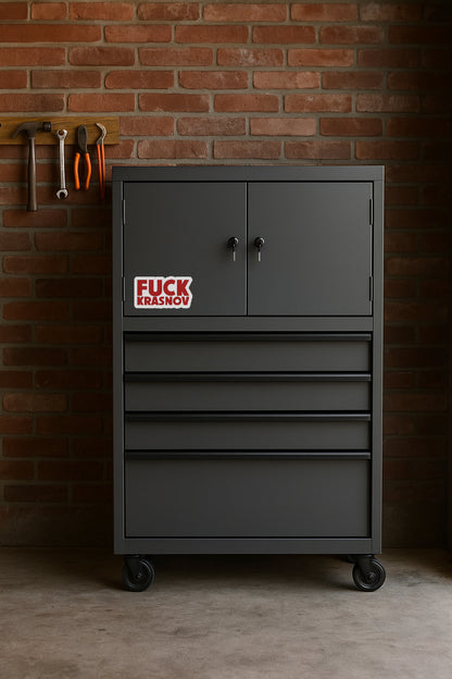 Fuck Krasnov' magnet or vinyl decal displayed on a black tool cabinet. A bold, high-quality political sticker perfect for cars, laptops, fridges, or toolboxes. Great for activists, protestors, or anyone fed up with fascism.
