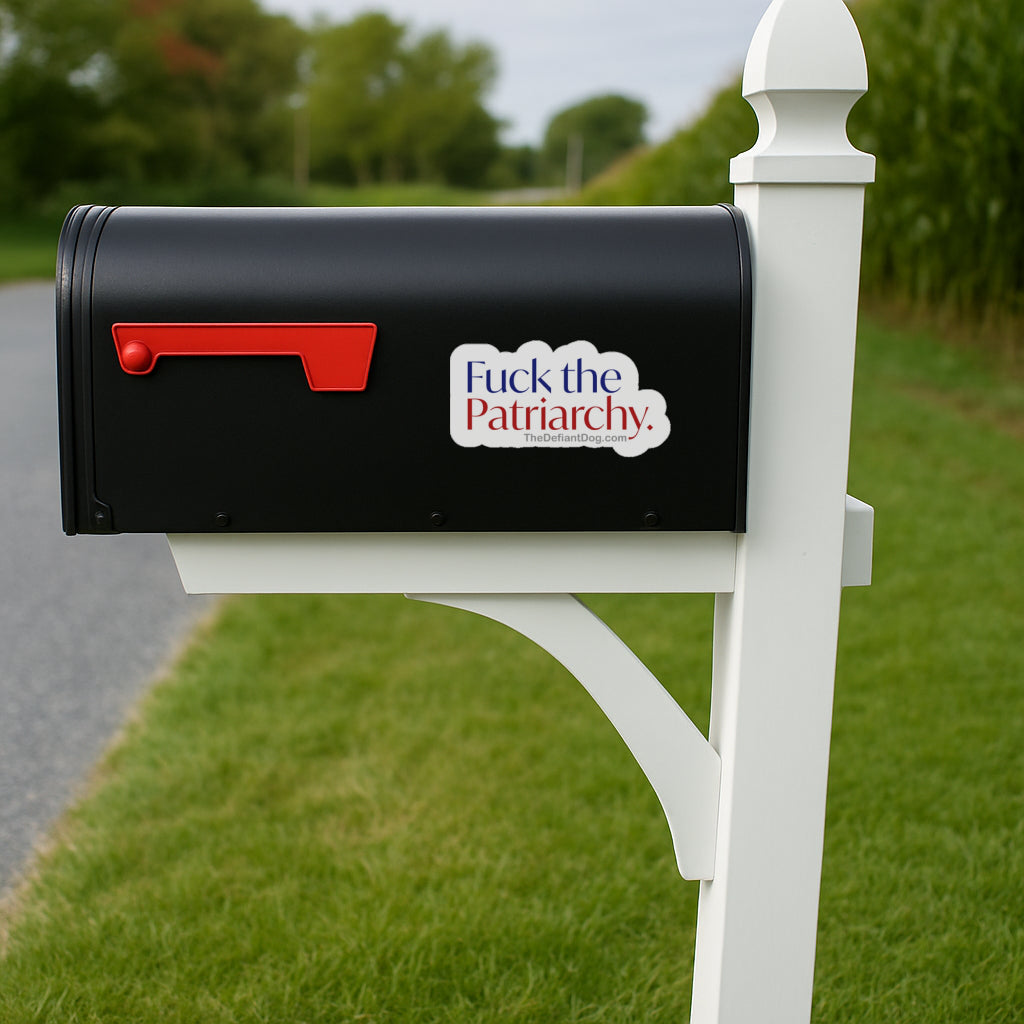 Black mailbox with 'Fuck the Patriarchy' sticker on a white post in a grassy area.