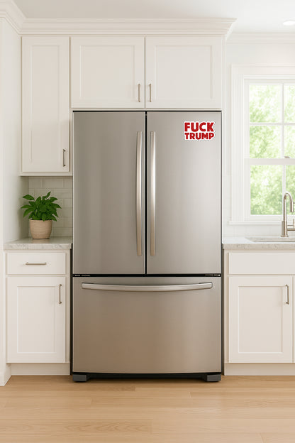 'Fuck Trump' magnet or vinyl decal displayed on a stainless steel refrigerator. A bold, high-quality political sticker perfect for cars, laptops, fridges, or toolboxes. Great for activists, protestors, or anyone fed up with fascism.