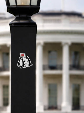 Anti Trump penguin protest sticker on black lamp post with White House background, Fuck Trump political resistance vinyl decal, progressive activist street art style bumper sticker