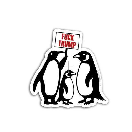 Anti Trump penguin protest sticker with black and white penguins holding a Fuck Trump sign, political resistance vinyl decal, progressive activist bumper sticker, waterproof die cut sticker for laptops and cars
