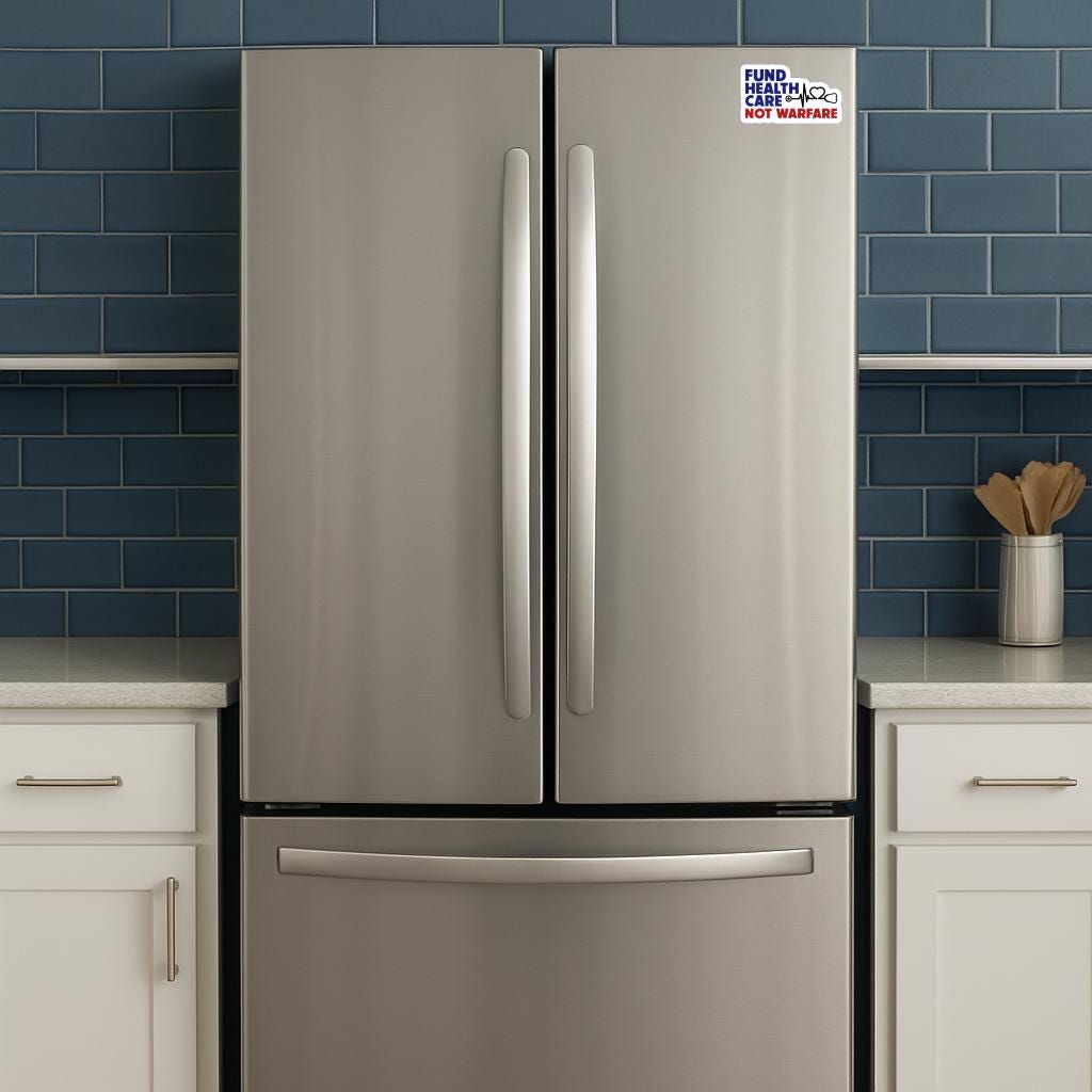 a sticker that says 'fund health care not warfare' on a fridge