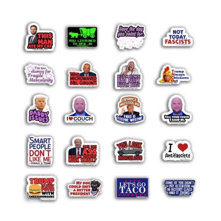 Collection of political-themed stickers on a white background