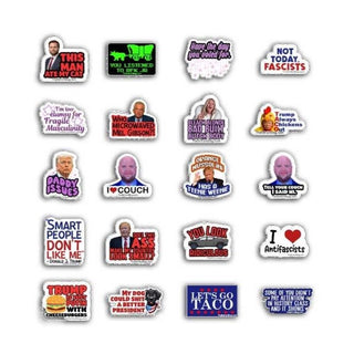 Collection of political-themed stickers on a white background