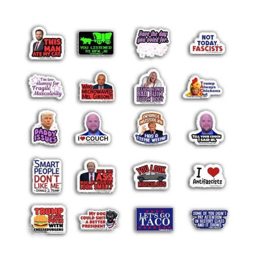 Collection of political-themed stickers on a white background