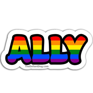 Sticker with 'ALLY' in rainbow colors on a white background