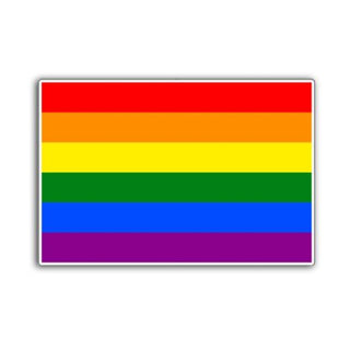 Rainbow flag with red, orange, yellow, green, blue, and purple stripes on a white background