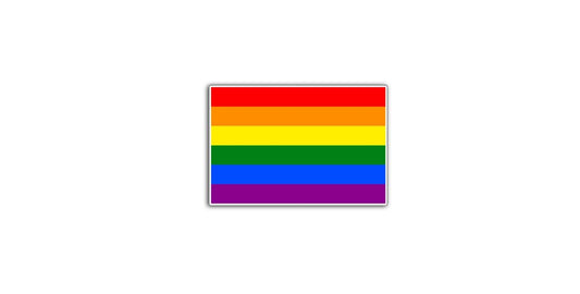 Rainbow flag with red, orange, yellow, green, blue, and purple stripes on a white background