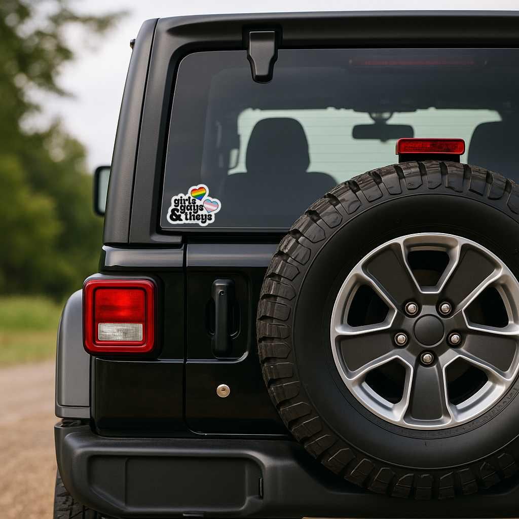 Black SUV with a tire and a visible sticker on the back window.