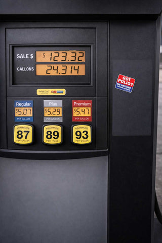 Close-up of a black gas pump display showing sale amount, gallons, and fuel options 87, 89, and 93, with a red and blue 'Got Poll? We Respect' sticker on the side.