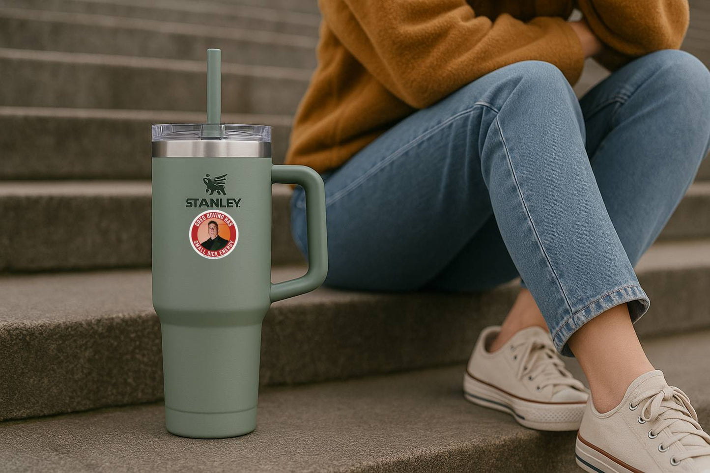 Person sitting on steps with a green Stanley tumbler and a sticker.