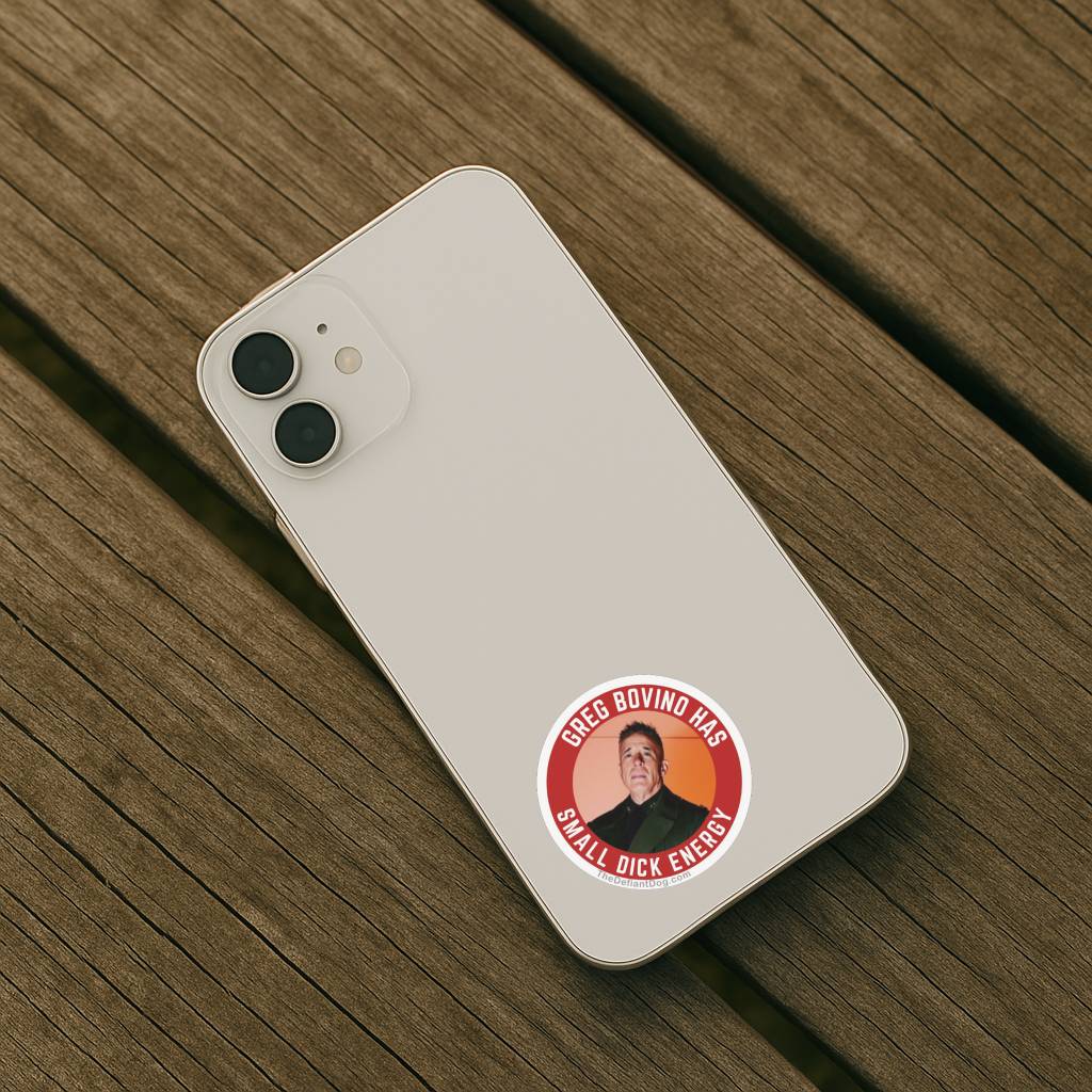 Phone case with a sticker of a person and text on a wooden surface