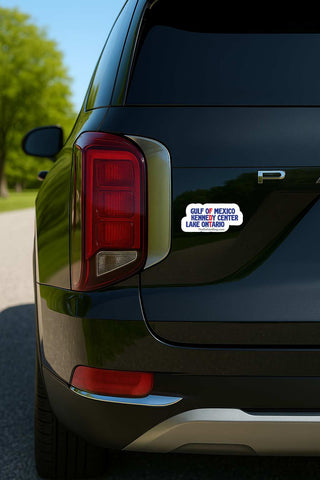 A die-cut vinyl sticker with the text 'SELF OF MEXICO RESEPTARY CENTER LAKE ORLANDO' in blue and black lettering on a white background, shown applied to the rear quarter panel of a black SUV.