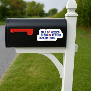 A black mailbox mounted on a white post outdoors, with a red flag and a white sticker that reads 'GULF OF MEXICO KENNEDY CENTER LAKE ONTARIO' and 'TheDefiantDog.com'.
