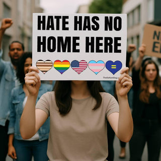 Person holding a Hate Has No Home Here sign at a demonstration, featuring five colorful equality and Pride hearts.