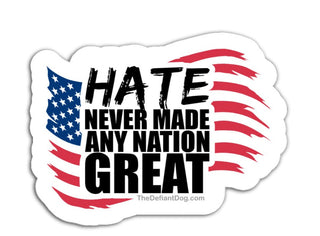 Sticker with American flag design and text 'Hate never made any nation great' on a white background